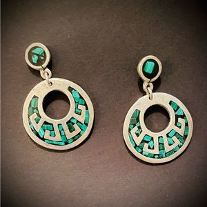 Taxco - Malachite Mosaic dangle earrings  - Sterling 925 - Vintage